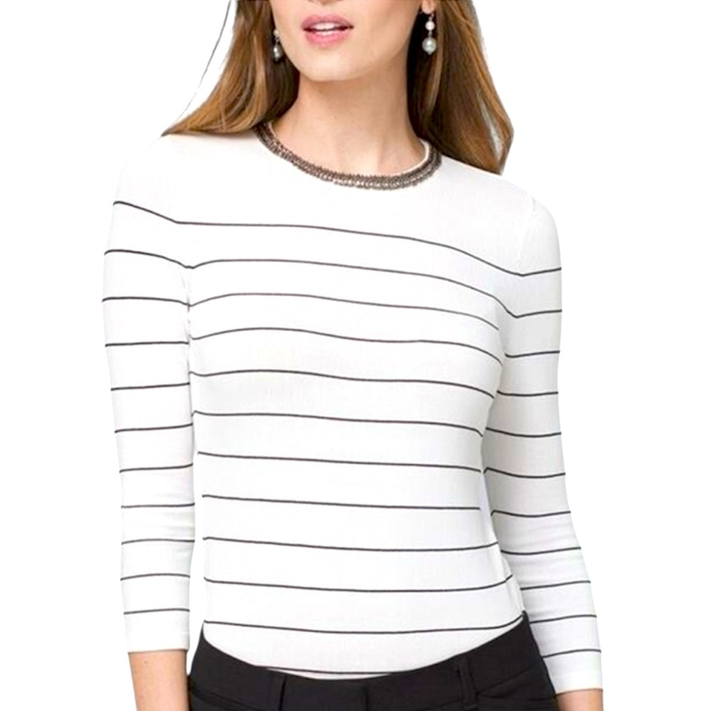 White House Black Market Striped Blouse with Embellished Neck